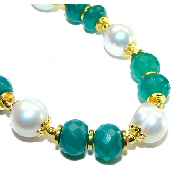 Great Protection Green Jade Pearl 14K Gold over .925 Sterling Silver handcrafted Bracelet