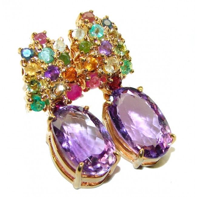 Purple Desire 29.5 carat Natural Amethyst multicolor Sapphire 18K Gold over .925 Sterling Silver handcrafted Statement earrings