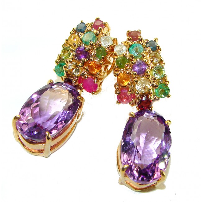 Purple Desire 29.5 carat Natural Amethyst multicolor Sapphire 18K Gold over .925 Sterling Silver handcrafted Statement earrings