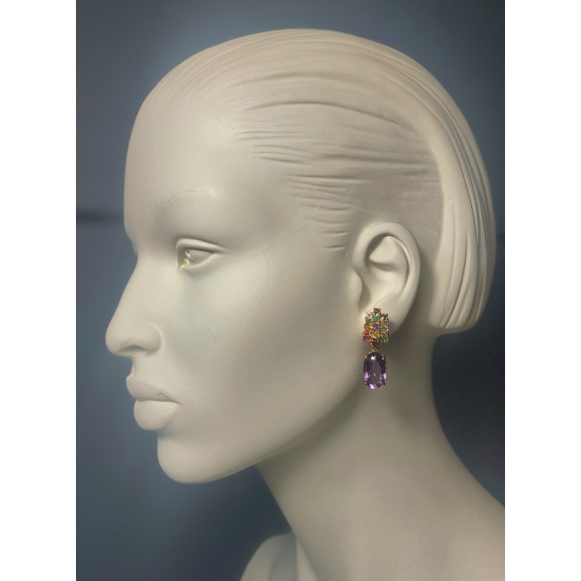 Purple Desire 29.5 carat Natural Amethyst multicolor Sapphire 18K Gold over .925 Sterling Silver handcrafted Statement earrings