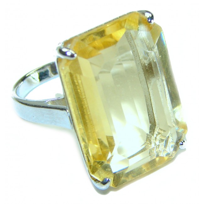 27.8 carat Genuine emerald cut Lemon Quartz .925 Sterling Silver handcrafted ring size 7