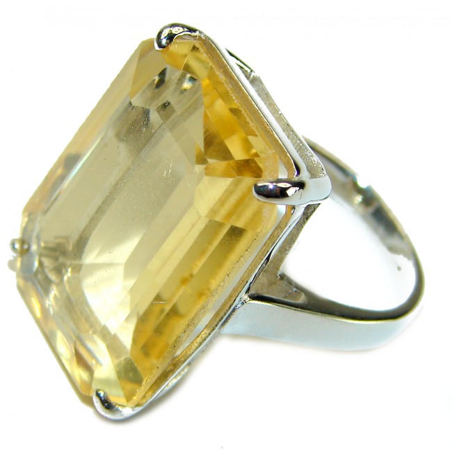 27.8 carat Genuine emerald cut Lemon Quartz .925 Sterling Silver handcrafted ring size 7