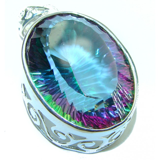 58.2 carat oval cut Mystic Aurora Topaz .925 Sterling Silver handcrafted Pendant