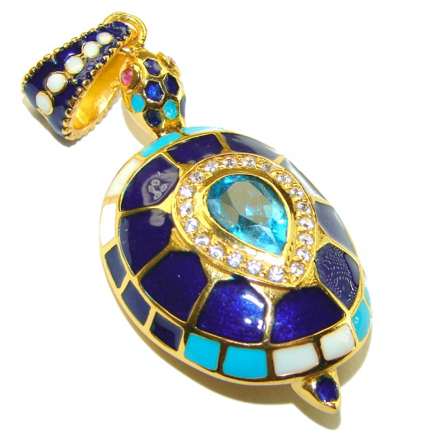 Good health and Long life Turtle Genuine Swiss Blue Topaz 18K Gold over .925 Sterling Silver Pendant