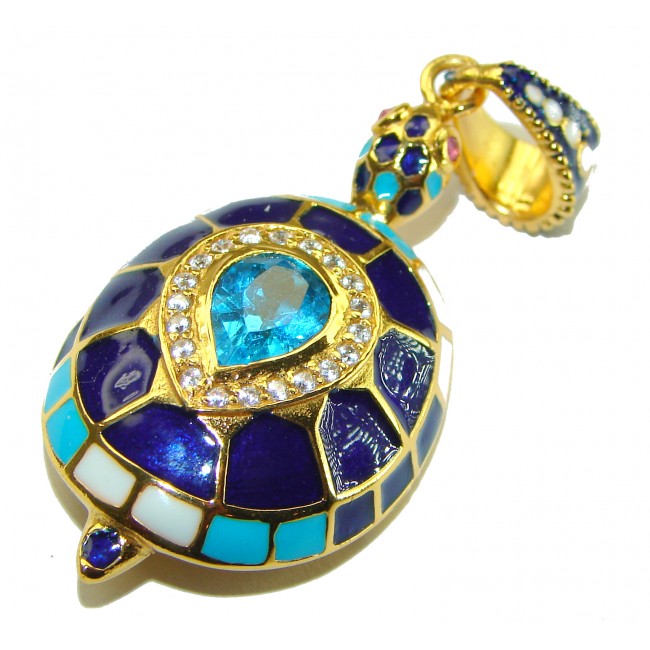 Good health and Long life Turtle Genuine Swiss Blue Topaz 18K Gold over .925 Sterling Silver Pendant