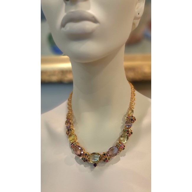 Born In Roma - Italy made 95.5 carat Multi - Gems 18k Gold over .925 Sterling Silver handmade necklace