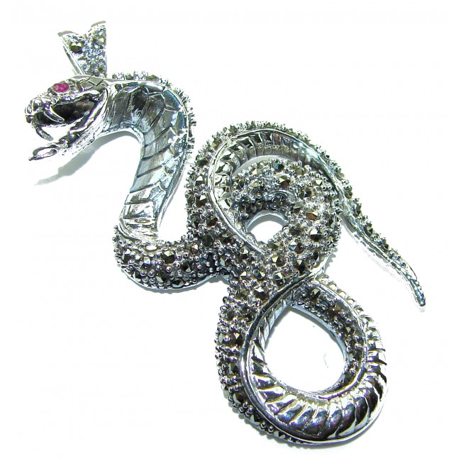 Large 2 1/2 inches long Cobra Snake genuine Marcasite .925 Sterling Silver handmade Pendant Brooch