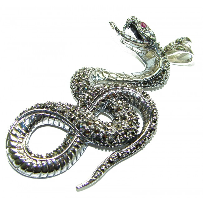 Large 2 1/2 inches long Cobra Snake genuine Marcasite .925 Sterling Silver handmade Pendant Brooch