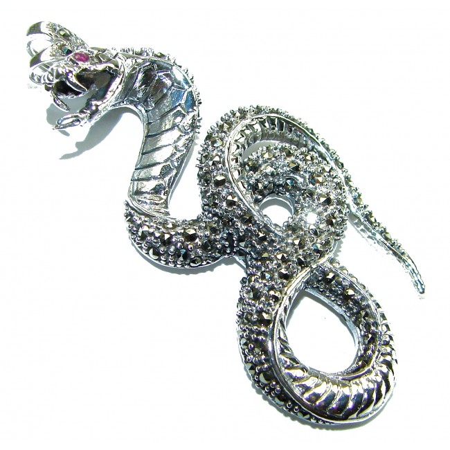 Large 2 1/2 inches long Cobra Snake genuine Marcasite .925 Sterling Silver handmade Pendant Brooch