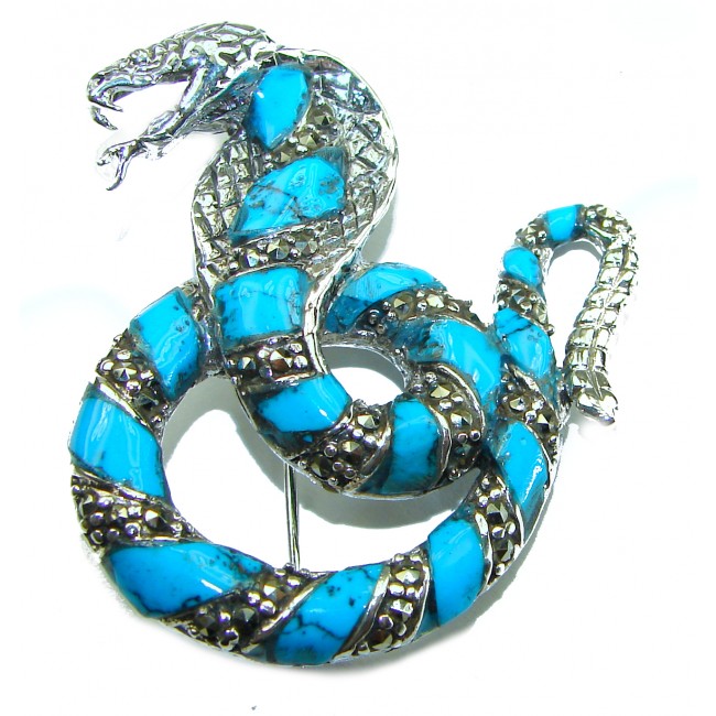 Cobra Snake inlay Turquoise .925 Sterling Silver handcrafted Pendant Brooch