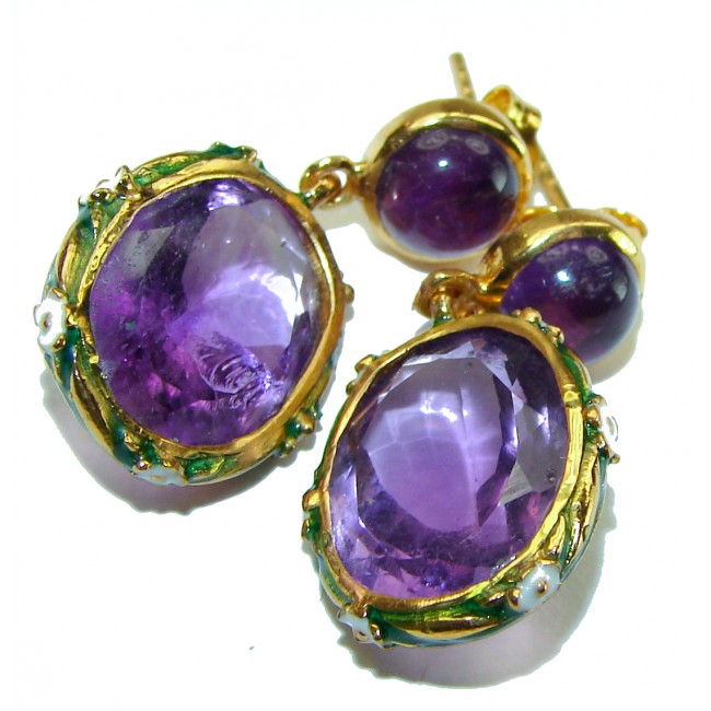 Allure Natural Amethyst Enamel 18K Gold over .925 Sterling Silver handcrafted earrings