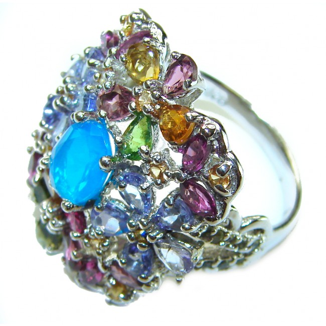 Great Beauty 2.3 carat Blue Opal Garnet .925 Sterling Silver ring s. 8 3/4