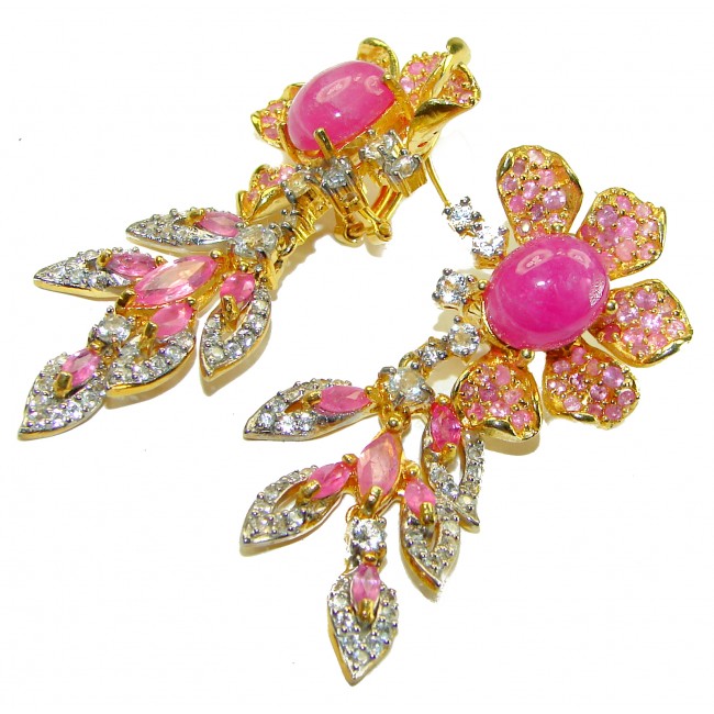 Bella Rosa authentic 8.9 carat Ruby White Sapphire 18K Gold over .925 Sterling Silver handcrafted Statement earrings