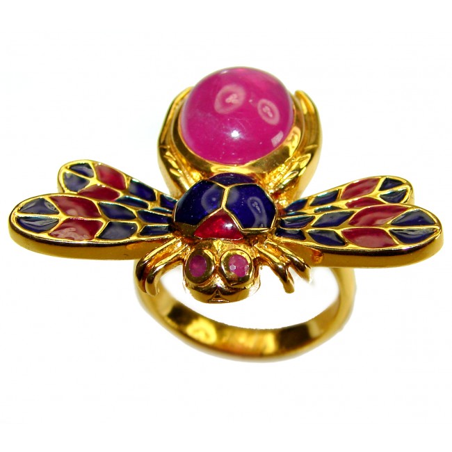 Lucky Bee Enamel 6.2 CARAT Ruby 18K Gold over .925 Sterling Silver Huge handcrafted Ring s. 6 3/4