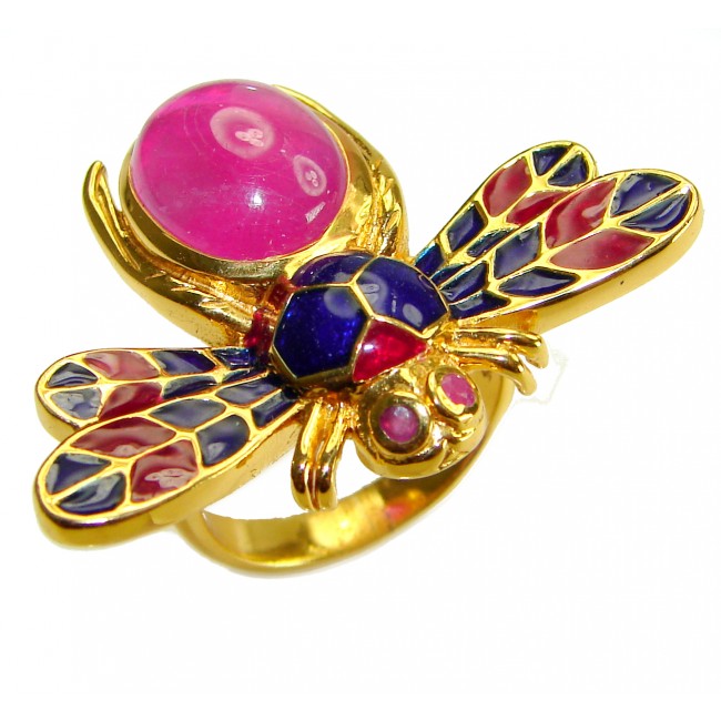 Lucky Bee Enamel 6.2 CARAT Ruby 18K Gold over .925 Sterling Silver Huge handcrafted Ring s. 6 3/4