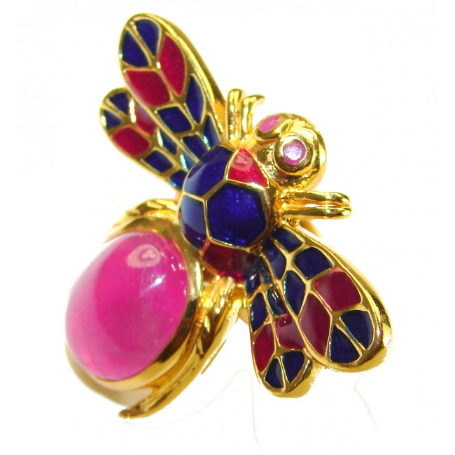 Lucky Bee Enamel 6.2 CARAT Ruby 18K Gold over .925 Sterling Silver Huge handcrafted Ring s. 6 3/4