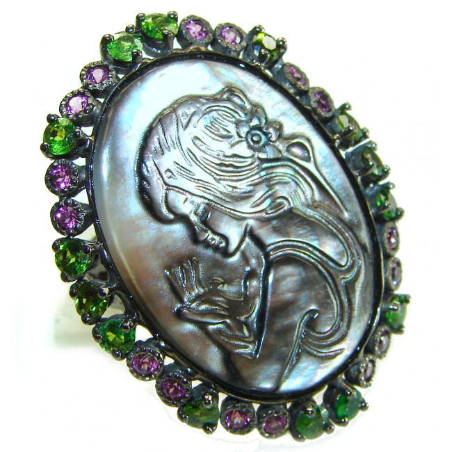 Vintage design Genuine Cameo Rainbow Abalone black rhodium over .925 Sterling Silver handcrafted Large ring; s. 8 1/2