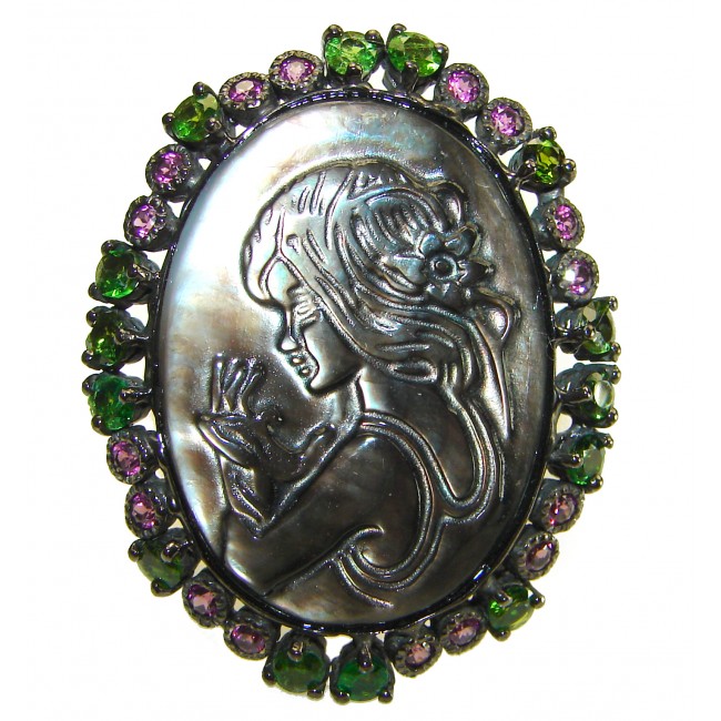 Vintage design Genuine Cameo Rainbow Abalone black rhodium over .925 Sterling Silver handcrafted Large ring; s. 8 1/2