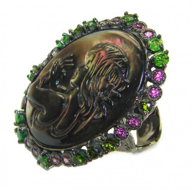 Vintage design Genuine Cameo Rainbow Abalone black rhodium over .925 Sterling Silver handcrafted Large ring; s. 8 1/2