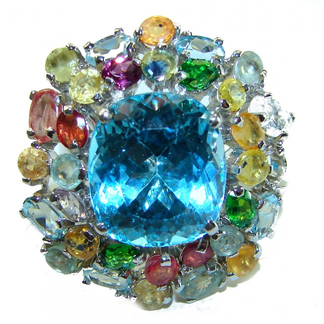 Electric Blue 15.5 carat Blue Swiss Topaz .925 Sterling Silver handcrafted Statement Ring size 7