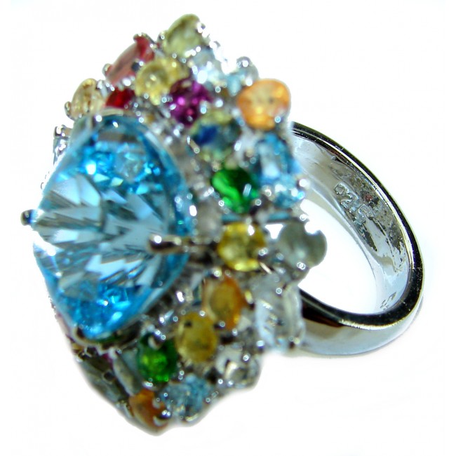 Electric Blue 15.5 carat Blue Swiss Topaz .925 Sterling Silver handcrafted Statement Ring size 7