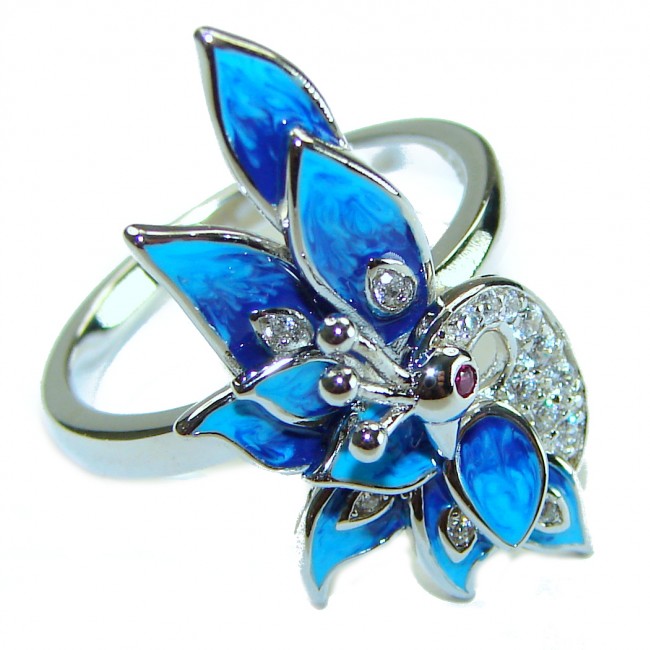 Blue Peacock enamel .925 Sterling Silver handmade Ring size 7 1/2