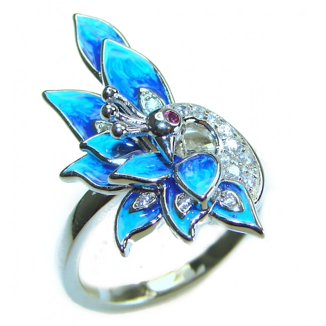 Blue Peacock enamel .925 Sterling Silver handmade Ring size 7 1/2