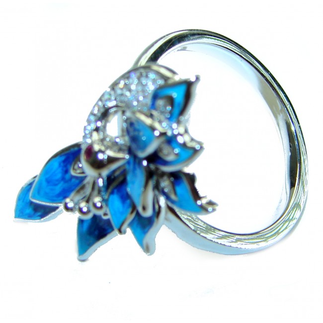 Blue Peacock enamel .925 Sterling Silver handmade Ring size 7 1/2