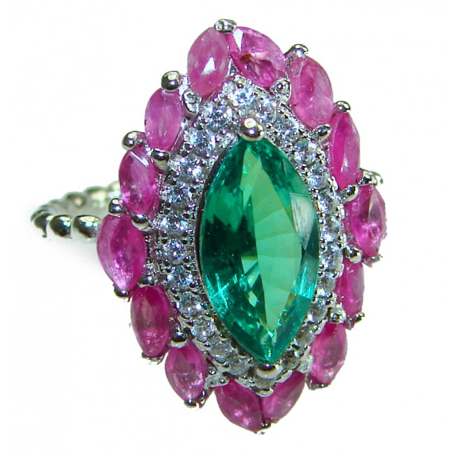 Marquise cut 4.8 carat Emerald Ruby .925 Sterling Silver handcrafted Ring size 5 1/2