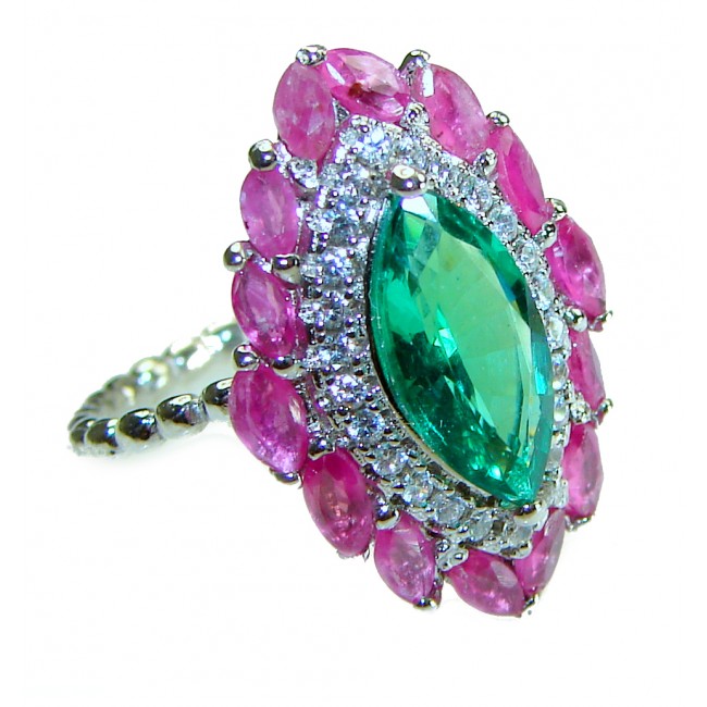 Marquise cut 4.8 carat Emerald Ruby .925 Sterling Silver handcrafted Ring size 5 1/2