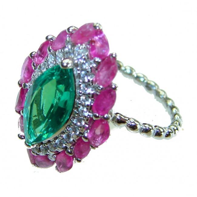 Marquise cut 4.8 carat Emerald Ruby .925 Sterling Silver handcrafted Ring size 5 1/2