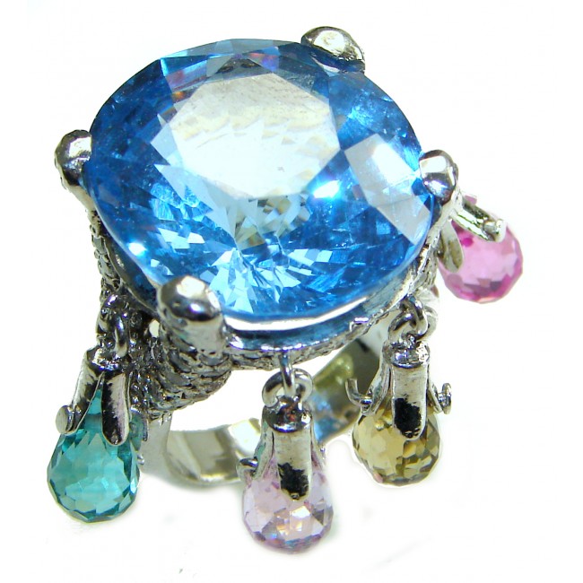 Electric Blue 15.5 carat Blue Swiss Topaz .925 Sterling Silver handcrafted Statement Cha-Cha Ring size 5 1/4