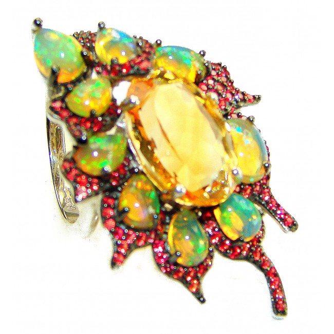 Sublime 7.8 carat Genuine Citrine 11.2 carat Ethiopian Opal .925 Sterling Silver handcrafted ring size 7 1/4