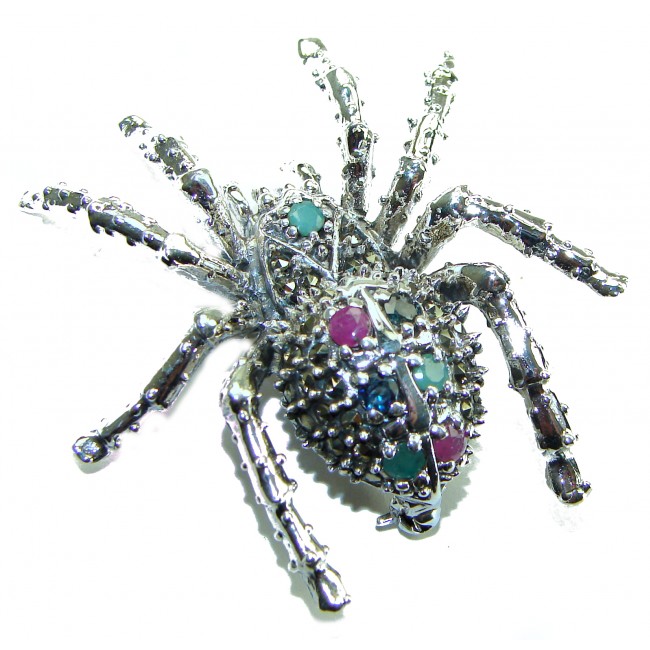 Large Black Widow Spider genuine Ruby .925 Sterling Silver handmade Pendant - Brooch