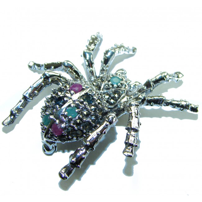 Large Black Widow Spider genuine Ruby .925 Sterling Silver handmade Pendant - Brooch