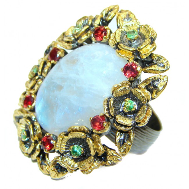 Vintage Beauty Fire Moonstone Peridot black rhodium over and Gold over .925 Sterling Silver handmade ring s. 8 Adjustable