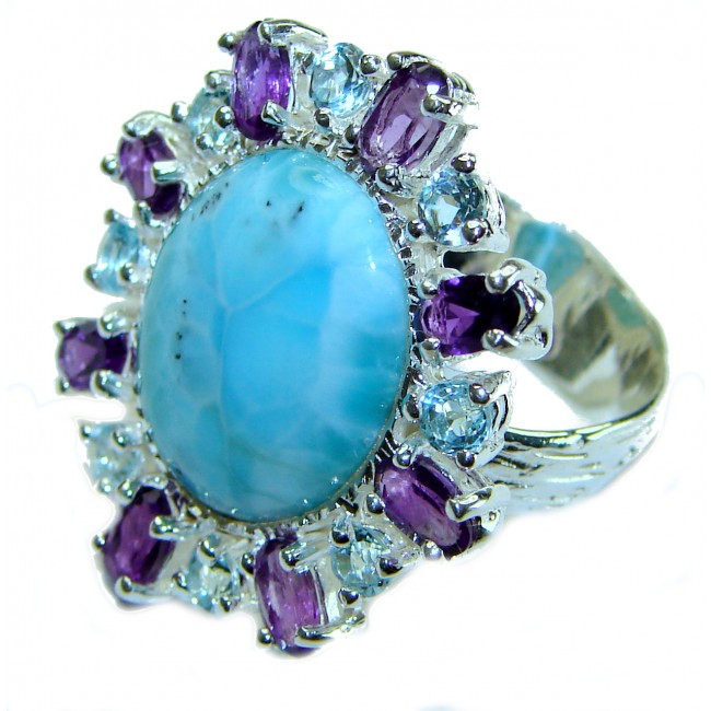 Precious authentic 18.5 carat Blue Larimar .925 Sterling Silver handmade ring size 6 3/4