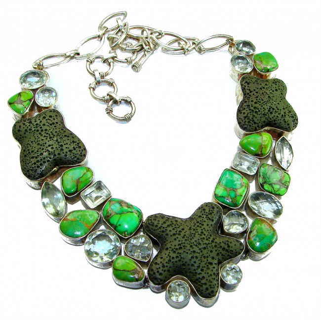 Authentic Fossilized Green Coral Green Turquoise .925 Sterling Silver Bohemian style handcrafted Necklace