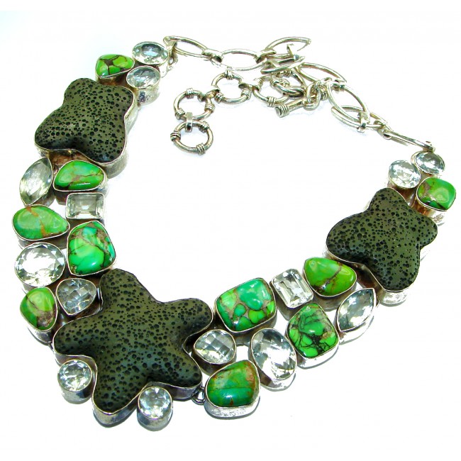 Authentic Fossilized Green Coral Green Turquoise .925 Sterling Silver Bohemian style handcrafted Necklace