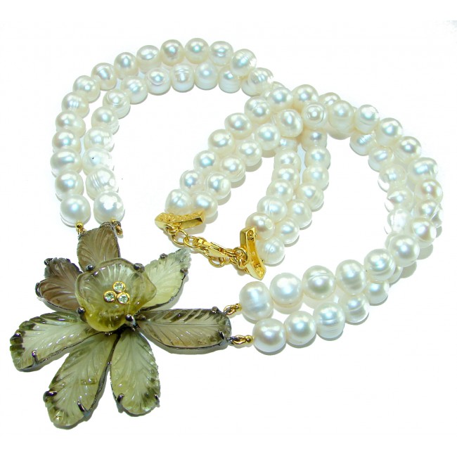 Precious Lotus Flower genuine Citrine Freshwater Pearl 14k Gold over .925 Sterling Silver handcrafted Necklace