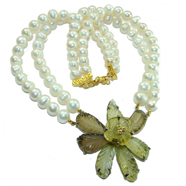 Precious Lotus Flower genuine Citrine Freshwater Pearl 14k Gold over .925 Sterling Silver handcrafted Necklace