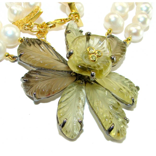 Precious Lotus Flower genuine Citrine Freshwater Pearl 14k Gold over .925 Sterling Silver handcrafted Necklace