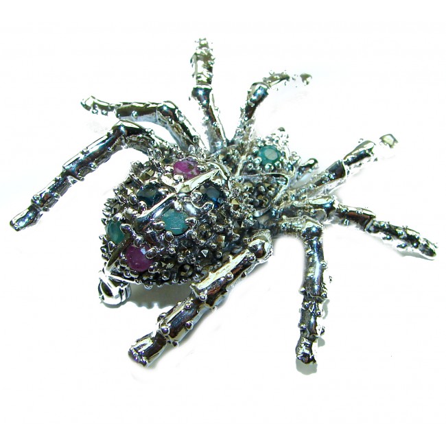 Large Black Widow Spider genuine Ruby .925 Sterling Silver handmade Pendant - Brooch