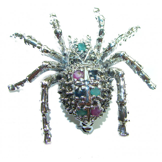 Large Black Widow Spider genuine Ruby .925 Sterling Silver handmade Pendant - Brooch