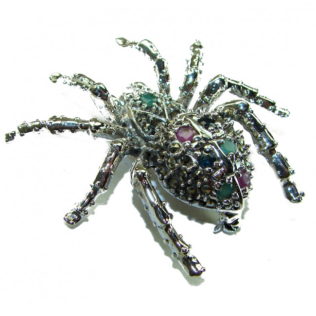 Large Black Widow Spider genuine Ruby .925 Sterling Silver handmade Pendant - Brooch