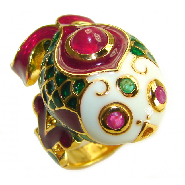 Luxurious Lucky Fish 5.2 carat Natural Ruby Enamel 18K Gold over .925 Sterling Silver Huge handcrafted Ring s. 6 1/4