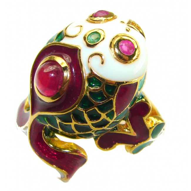 Luxurious Lucky Fish 5.2 carat Natural Ruby Enamel 18K Gold over .925 Sterling Silver Huge handcrafted Ring s. 6 1/4