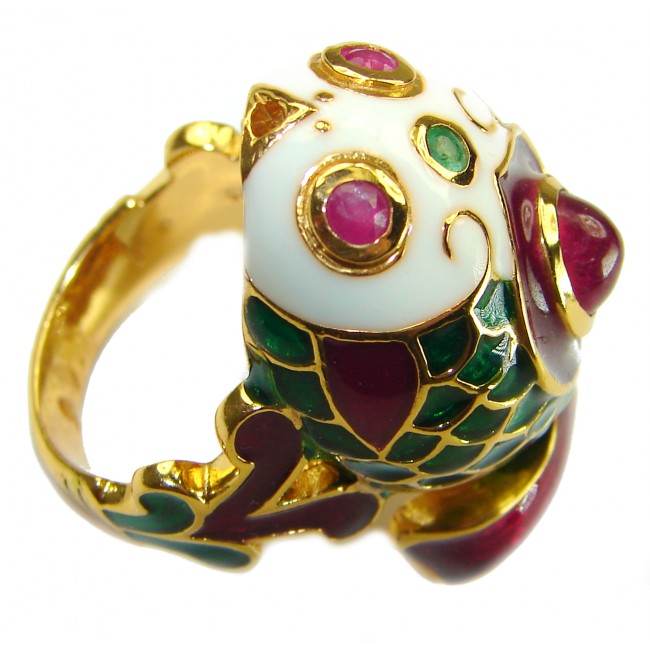 Luxurious Lucky Fish 5.2 carat Natural Ruby Enamel 18K Gold over .925 Sterling Silver Huge handcrafted Ring s. 6 1/4