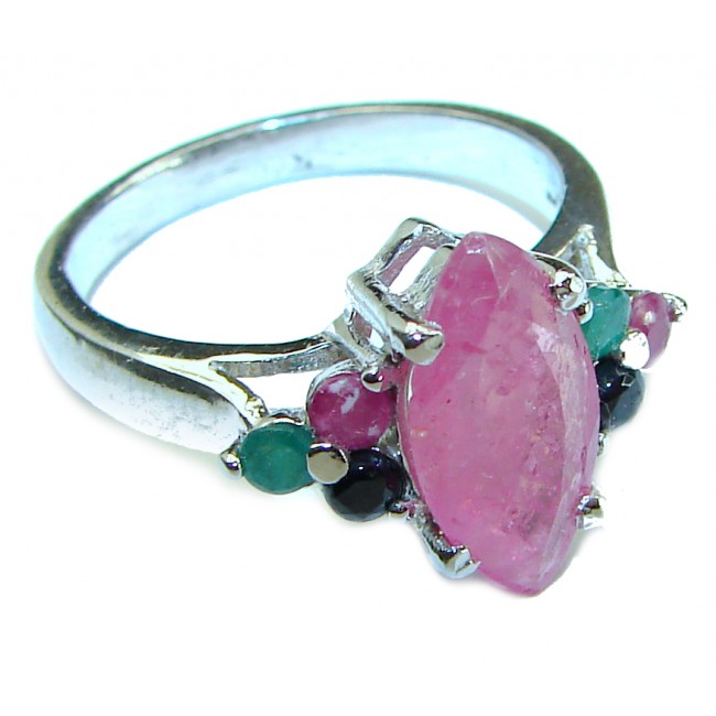 Authentic 4.3 carat Ruby Emerald .925 Sterling Silver handmade Cocktail Ring s. 7 3/4