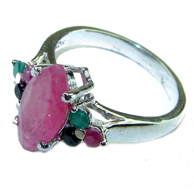 Authentic 4.3 carat Ruby Emerald .925 Sterling Silver handmade Cocktail Ring s. 7 3/4